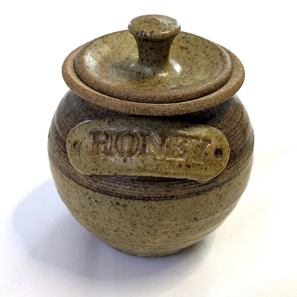 Studio Pottery Honey Pot Stoneware Jar with Lid and Wooden Dipper Brown Handmade